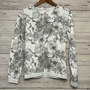 Camaieu Womens Floral Crewneck Sweatshirt White Black Silver Metallic Trim Small